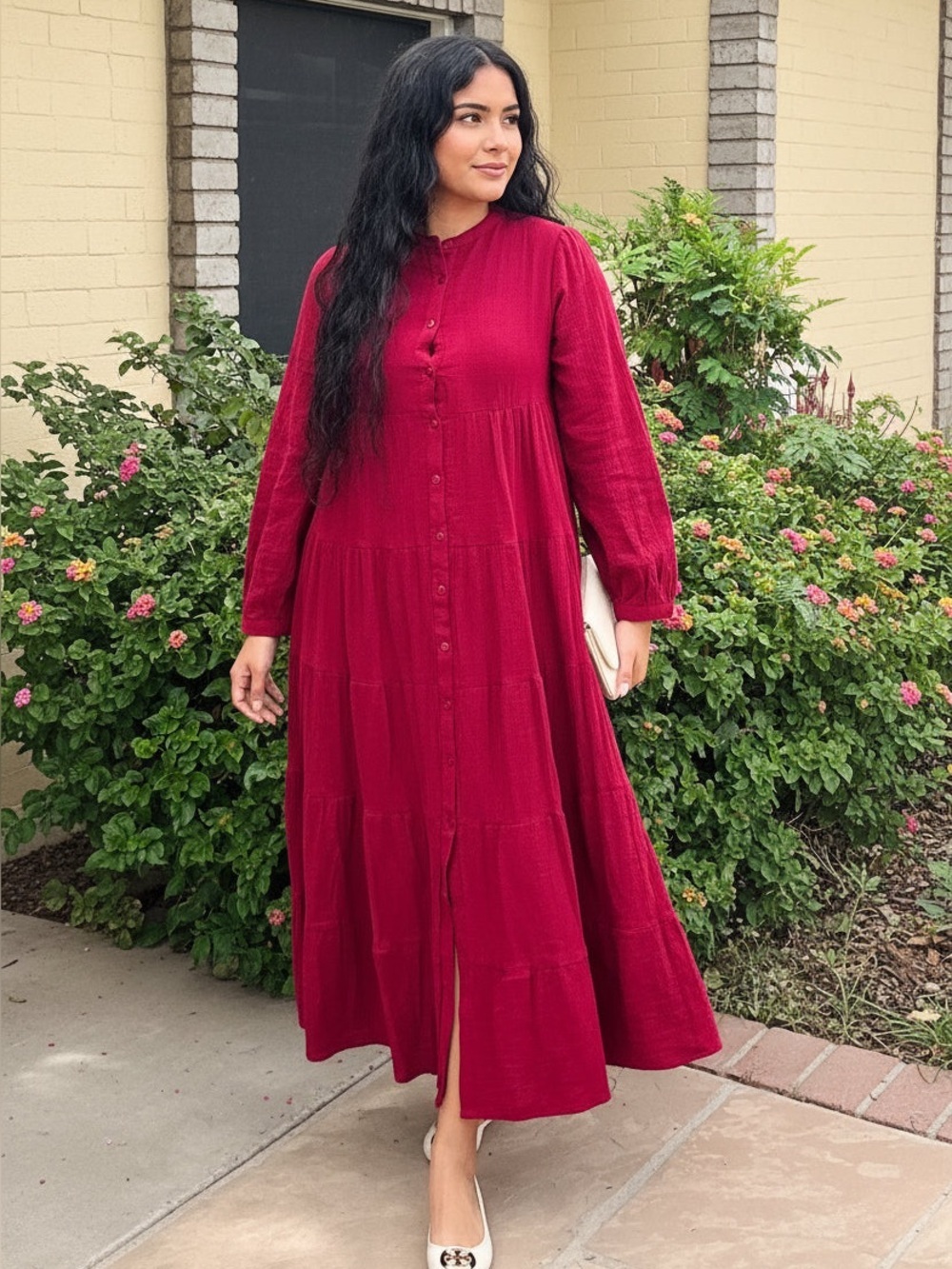 Long-Sleeve Button-Front Maxi Dress in Deep Berry